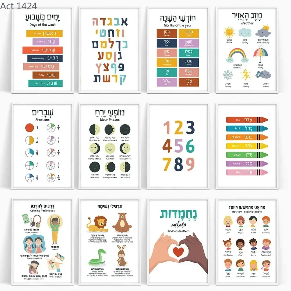 Kids Educational - Alphabet Numbers & More - ภาพวาดบนผ้าใบ โปสเตอร์การศึกษาภาษาฮีบรูและภาษาอังกฤษ ตัวอักษร ตัวเลข สี รูปทรง