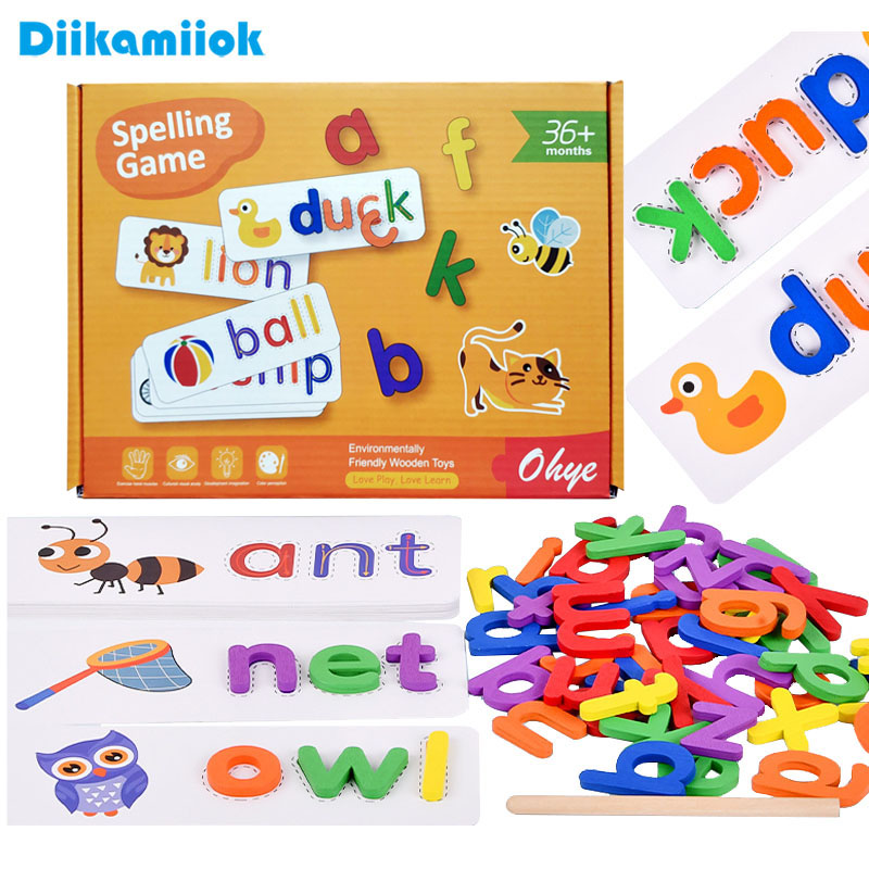 Kids Educational Games Learn English - 52 ชิ้นตัวอักษรภาษาอังกฤษสะกดคําไม้ของเล่นเพื่อการศึกษาเด็กปริศนาเด็ก Montessori เกม 28 ชิ้นการ์ดการเรียนรู้
