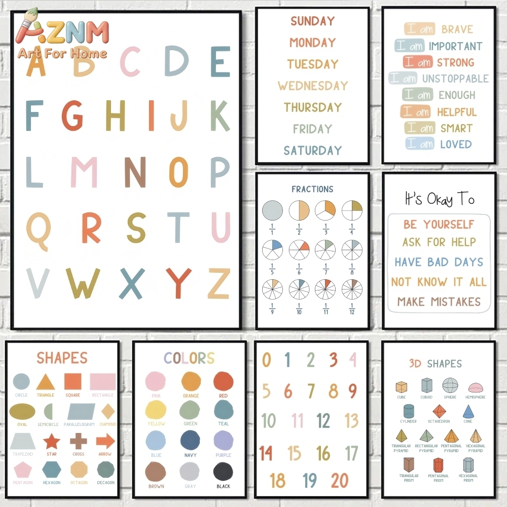 Kids Educational - Alphabet Numbers & More - AZNM ศิลปะบนผืนผ้าใบแบบไม่มีกรอบสำหรับการศึกษาตัวอักษรและตัวเลข, โปสเตอร์การเรียนรู้สำหรับเด็ก, ของตกแต่งห้องเรียนสำหรับเด็กเล็ก, สีทาแบบไม่มีกรอบ