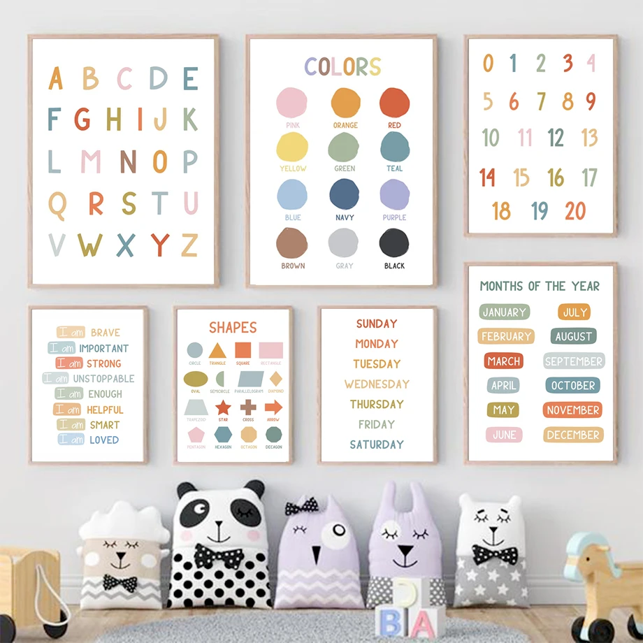 Kids Educational - Alphabet Numbers & More - โปสเตอร์การศึกษาภาษาอังกฤษ ตัวอักษร ตัวเลข สี รูปทรง ภาพพิมพ์ศิลปะติดผนัง