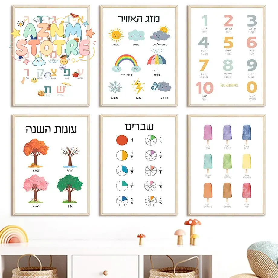 Kids Educational - Alphabet Numbers & More - ภาพวาดบนผ้าใบ 2 มิติ ตัวอักษรฮีบรู ตัวเลข ศิลปะตกแต่งผนังห้องเด็ก