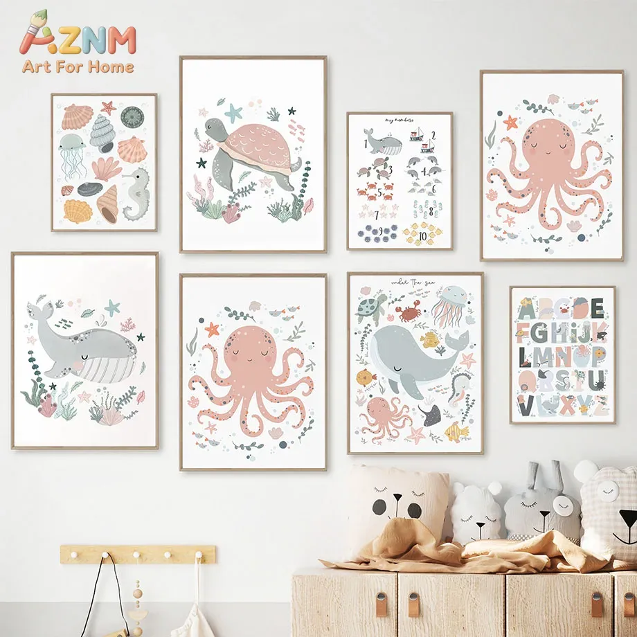AZNM ภาพพิมพ์สัตว์ทะเลบนผ้าใบส - Kids Educational - Alphabet Numbers & More บทวิจารณ์และราคา